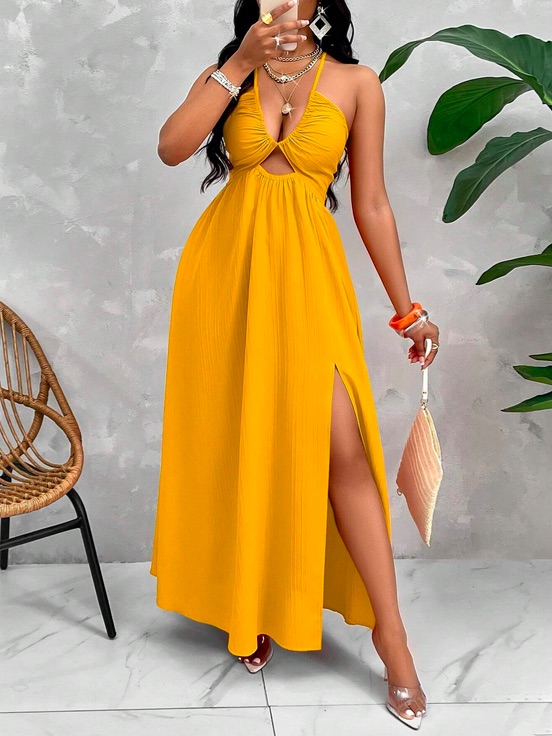 Robe Maxi a Liens Croises Dos Nu Jaune pour Femme