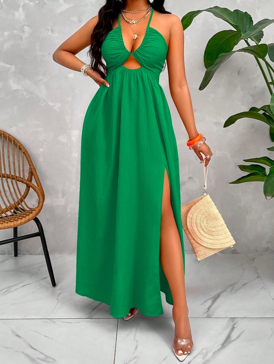 Robe Maxi a Liens Croises Dos Nu Verte pour Femme